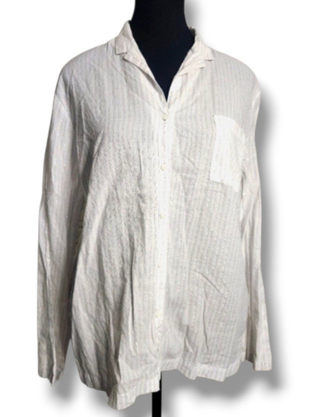 La Senza Sparkly Button Down Sleep Shirt White Silver Stripe Cotton Lurex Top